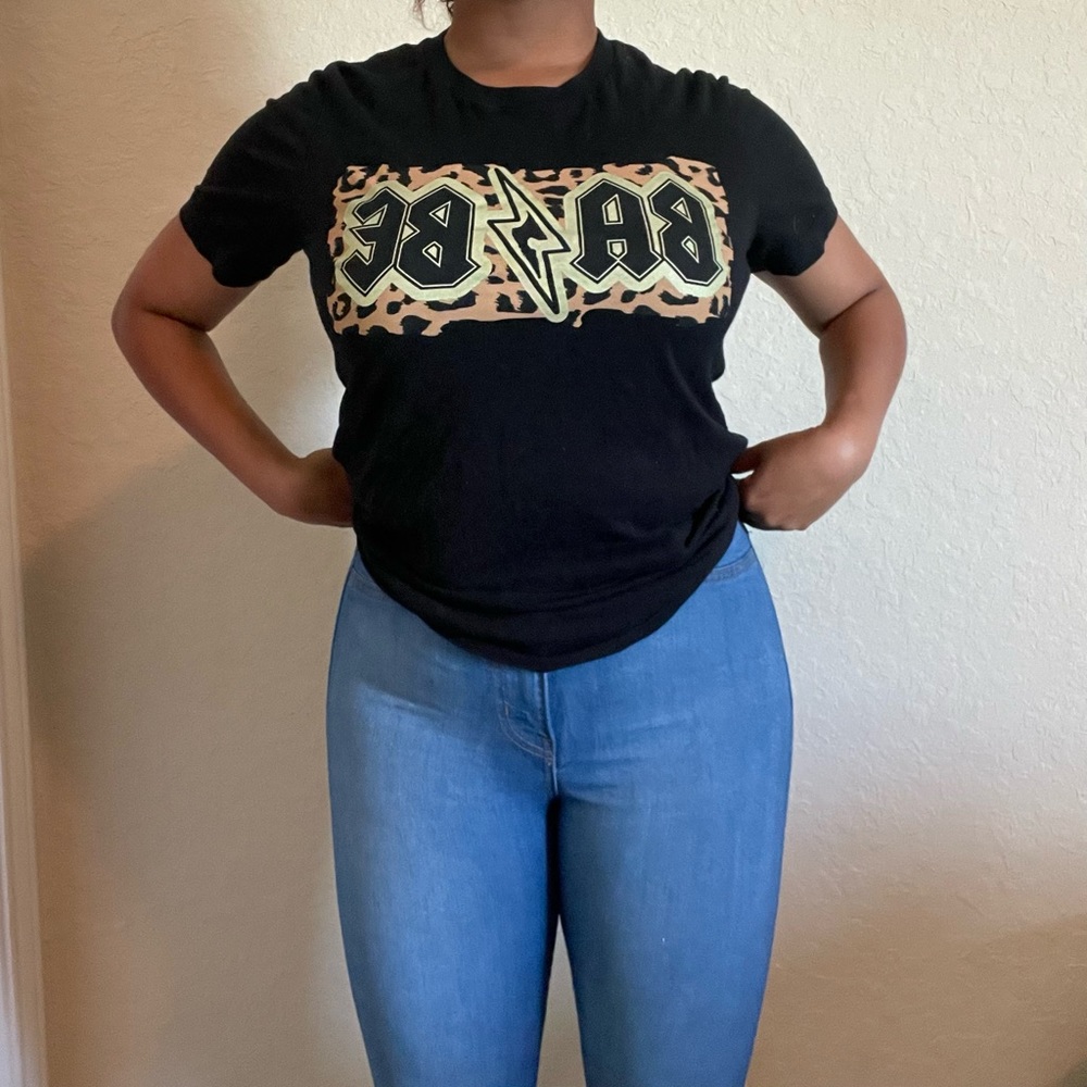 AC/DC BABE Black leopard animal print tri-blend soft exercise tee shirt